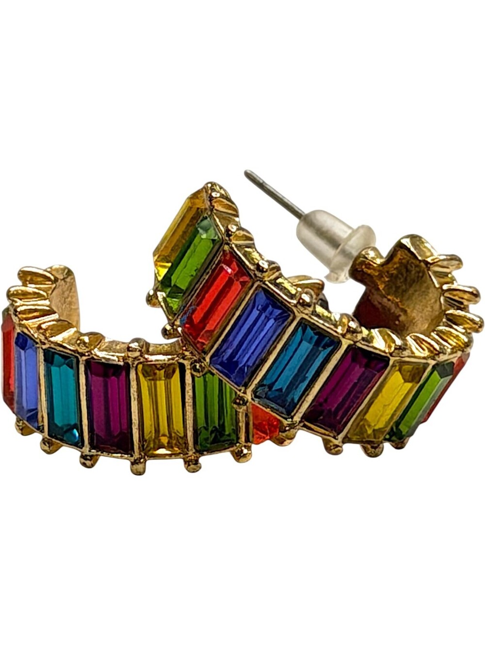 Rainbow Multicolor Baguette Rhinestone Gold Tone Hoop Earrings Statement Jewelry - Picture 4 of 8